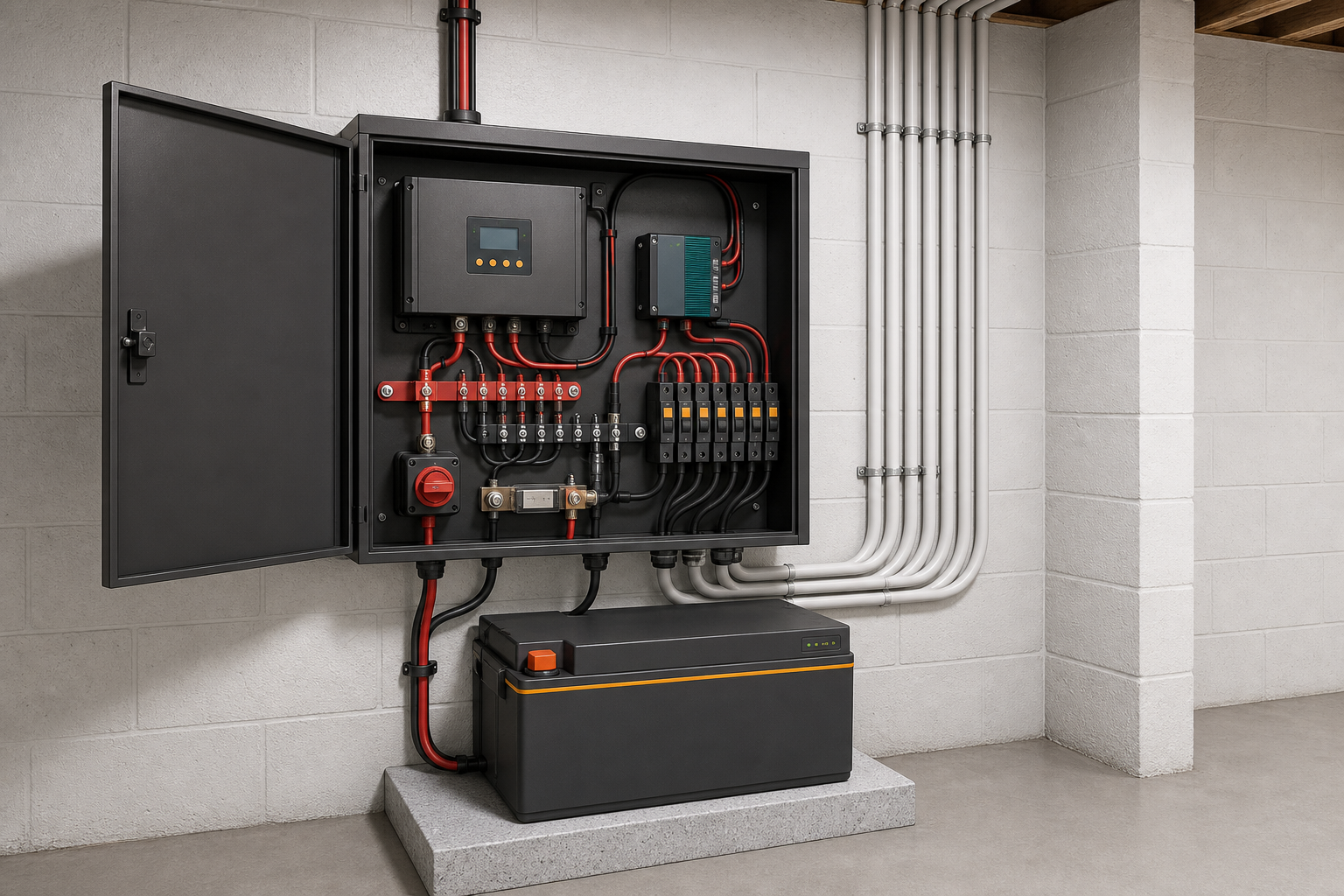 Rendezett pincei 24 V-os DC központ koncepciója MPPT-vel, biztosítékokkal, DC/DC modullal és megemelt LiFePO4 akkumulátorral