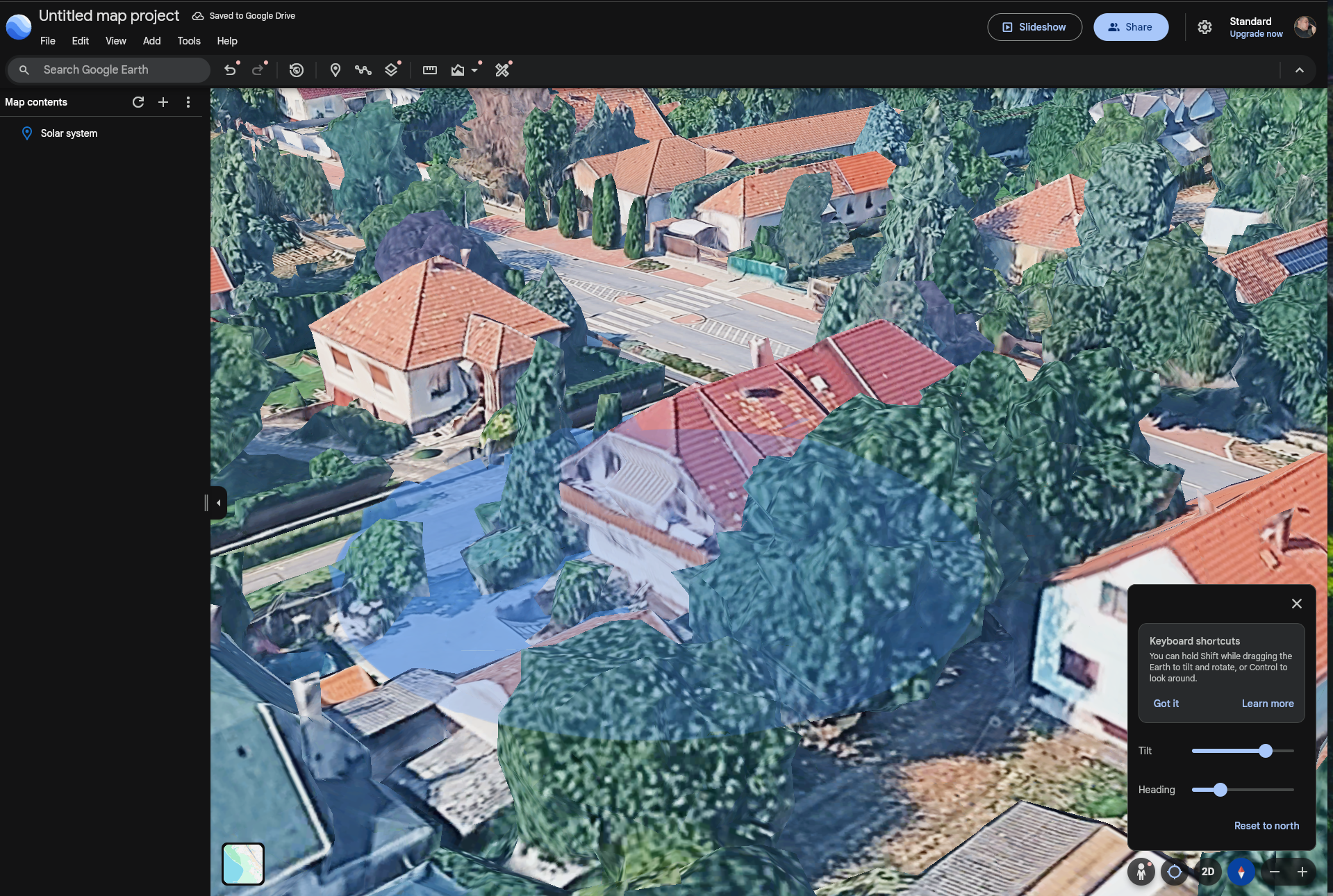 A ház és a környező fák Google Earth háromdimenziós nézete
